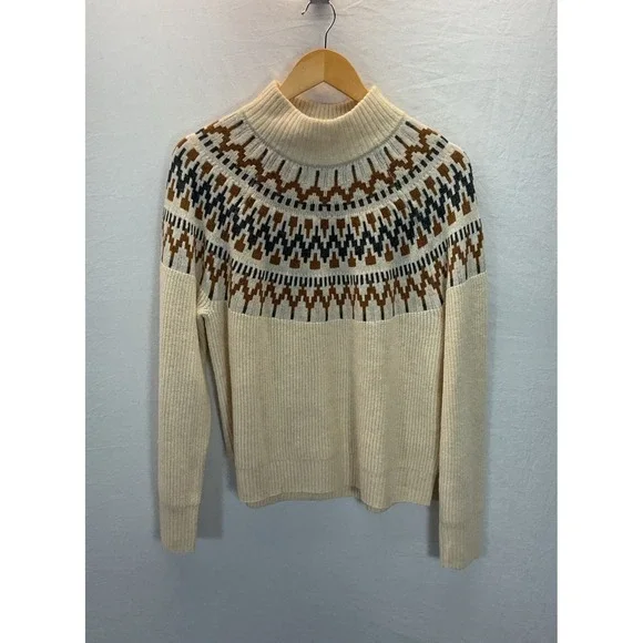 J. Crew Fair Isle Mockneck Pullover‎ Sweater Neutral Cream Tan Wool Blend MED. - Picture 2 of 9